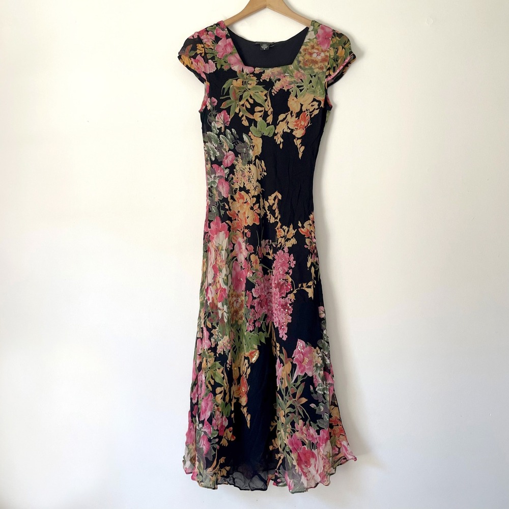 American Angel Vintage Y2K Floral Fairy Whimsigoth Midi Dress Sz M Beaded Sheer